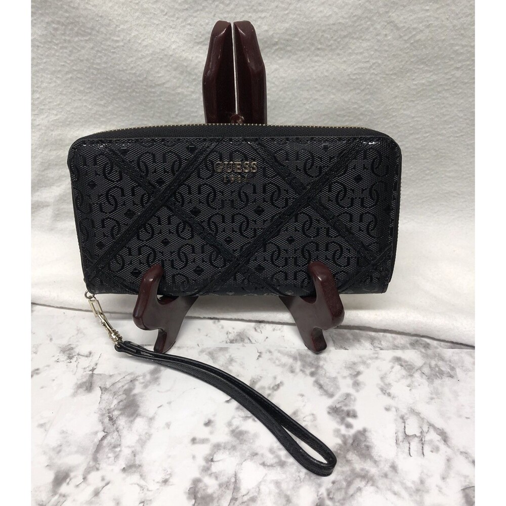 GUESS Wristlet Wallet Black on Black Monogram Logo Zip Around Monochrome